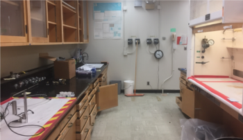 A Building 151 radiochemistry laboratory before renovations at Lawrence Livermore National Laboratory.