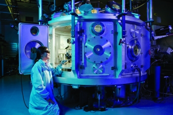 A physicist works with the Titan laser at Lawrence Livermore National Laboratoryâs Jupiter Laser Facility.