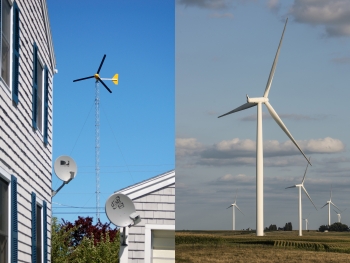 A two-image collage with a small wind turbine outside a residential house (left) and a utility-scale turbine in a field (right).