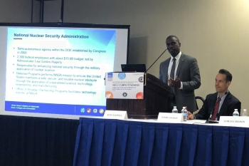 Jahleel Hudson speaking about entrepreneurship and NNSA at 2018 HBCU Week Conference.