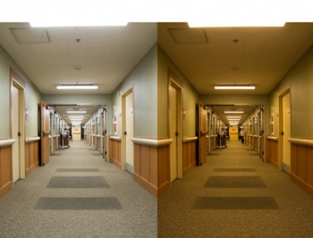 side by side images the inside of a care center with different lighting.