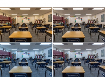 Four photos of a classroom with a tunable lighting system.