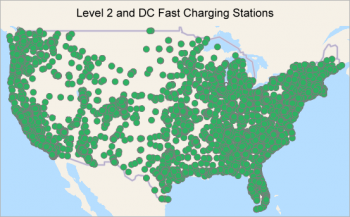 Map of the United States showing areas where Level 2 and DC Fast Charging Stations are located.