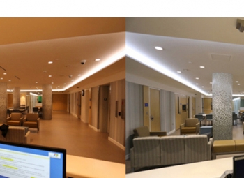 Two photos of a hallway in a senior-care center.
