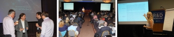 a grouping of photos showing people at a conference.