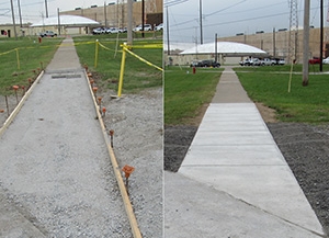A before-and-after view of a repaired sidewalk location.