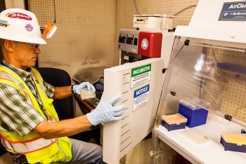 New Mexico State University biology professor Geoff Smith removes samples from an incubator underground at the Waste Isolation Pilot Plant, as part of the Low Background Radiation Experiment. New Mexico State University biology professor Geoff Smith