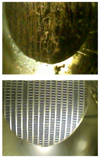 Before-and-after photos of screens on wells used to inject treated water back into the ground on the Hanford Site show how small amounts of chlorine can reduce biological growth, improving flow and groundwater treatment capacity.