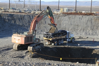 Debris and soil removed from a remediated waste site is packaged in large containers and transported to Hanfordâs onsite landfill for safe disposal.