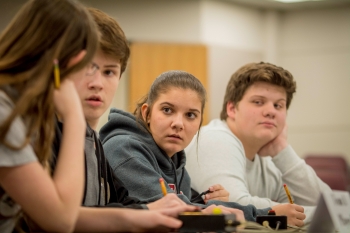 McCracken County High School students Evie Dukes, Mason Wooten, Ella McBee and Jake Mitchell compete in a quick-recall, fast-paced question-and-answer contest at this yearâs DOE Regional Science Bowl.