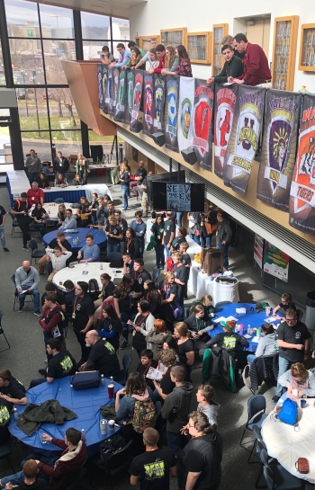 Students from academic teams throughout southern Ohio gather in a common area as part of the U.S. Department of Energy South Central Ohio Regional Science Bowl at Shawnee State University on Friday, March 15, 2019.