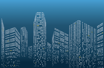 Cityscape of buildings built out of zeros and ones.