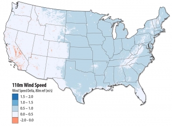 Map of the United States showing the difference in mean annual wind speed 110 meters above ground level minus 80 meters.