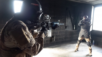 Participants in the NNSA active-shooter exercise were confronted with a real-world scenario. Here, a participant confronts an armed assailant.