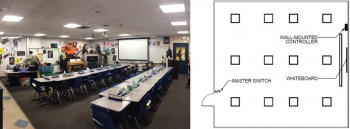 Image (left) and reflected ceiling plan (right) of classrooms L1 and L2 with the installed LED lighting system.