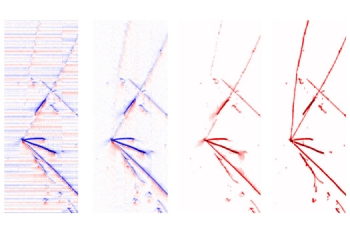 Two-dimensional images of a neutrino interaction in MicroBooNE shown at different stages of signal processing reveal cleaner and cleaner signals.