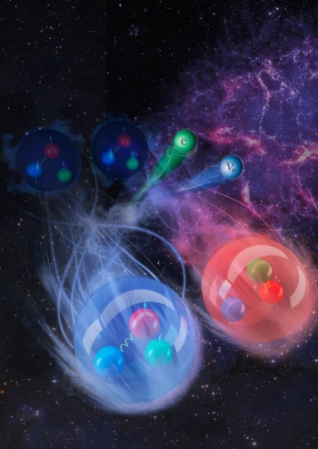 The image illustrates this process and shows how two neutrons (shown as blue spheres in the background) beta decay into a neutron and a proton (shown as a red sphere) under the emission of an electron and a neutrino (small green and blue sphere). The image illustrates this process and shows how two neutrons (shown as blue spheres in the background) beta decay into a neutron and a proton (shown as a red sphere) under the emission of an electron and a neutrino (small green and blue sphere).
