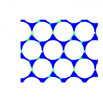 Temperature distribution in wire-wrapped pin bundle shows hot spots near the wire-wrap contact with the solid pin. Temperature distribution in wire-wrapped pin bundle shows hot spots near the wire-wrap contact with the solid pin.