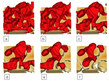 Simulations of different geometric states of fluid (red) in rock (tan). Using the Titan supercomputer at Oak Ridge National Laboratory, researchers validated a geometric model for characterizing fluid flow in porous rock and geologic material from theory. Simulations of different geometric states of fluid (red) in rock (tan). Using the Titan supercomputer at Oak Ridge National Laboratory, researchers validated a geometric model for characterizing fluid flow in porous rock and geologic material from theory.