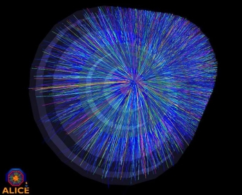 An event display shows particle tracks from a lead-on-lead collision in the ALICE detector An event display shows particle tracks from a lead-on-lead collision in the ALICE detector