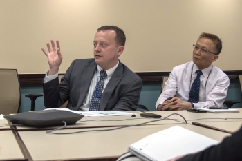 Energy attaché Jac Goodman discusses his work at UNVIE in Vienna, Austria, during lunch at NNSA headquarters in Washington, D.C.