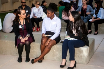 Sandia Womenâs Connection host Lindsay Dugan (left) visits with award recipients prior to the ceremony at Sandia/California. The young women are paired with Sandia female mentors