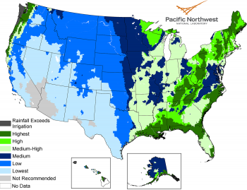 A map of the United States shows the locations of rainwater availability specifically for landscape irrigation.