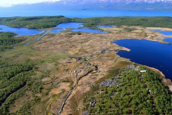 Helicopter view of thawing permafrost field site, Stordalen Mire, in northern Sweden. Helicopter view of thawing permafrost field site, Stordalen Mire, in northern Sweden.
