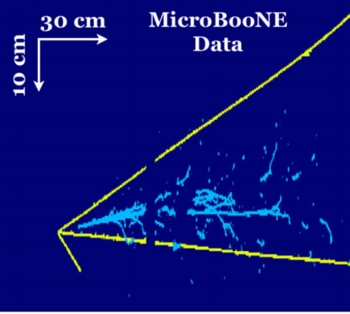 This event display shows the result of a muon neutrino candidate interacting inside the MicroBooNE detector at Fermilab. Cyan shows the energy deposited in electromagnetic shower-like topologies. Yellow shows energy deposited in other line-like topologies This event display shows the result of a muon neutrino candidate interacting inside the MicroBooNE detector at Fermilab. Cyan shows the energy deposited in electromagnetic shower-like topologies. Yellow shows energy deposited in other line-like topologies