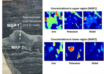Researchers collected X-ray images from rock samples (left) showing the element distribution. The chemical maps (right) reveal fine-scale chemical and mineralogical variations that werenât captured in previously published analyses. Researchers collected X-ray images from rock samples (left) showing the element distribution. The chemical maps (right) reveal fine-scale chemical and mineralogical variations that werenât captured in previously published analyses.