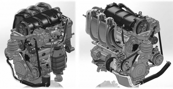 Adjacent computer-assisted design models of the Pinnacle Engines opposed-piston gasoline engine. Adjacent computer-assisted design models of the Pinnacle Engines opposed-piston gasoline engine.