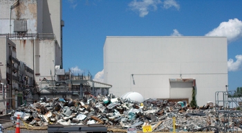 A view of debris following completion of demolition of the former utility room extension building.