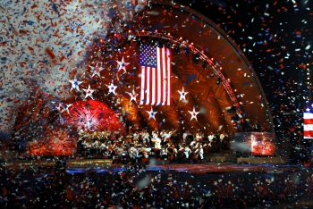Confetti rains down at the completion of the song "Stars and Stripes Forever" during the Boston Pops Orchestra and Fireworks Spectacular.