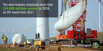 Several workers in yellow safety vests and white hard work with heavy machinery to prep a wind turbine blade.