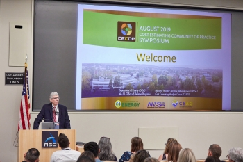 Dr. Charles Verdon delivering the keynote address at the Third Annual Cost Estimating Community of Practice Symposium at Lawrence Livermore National Laboratory in August.