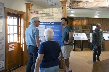 Guests inside the Atomic Legacy Cabin.