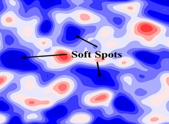 In metallic glasses, atoms are arranged randomly, leading to unique properties. These glasses are brittle. A map of calculated âstrengthâ in the structure shows âhardâ and âsoftâ spots. The team predicts the soft spots are the sites that initiate failure. In metallic glasses, atoms are arranged randomly, leading to unique properties. These glasses are brittle. A map of calculated âstrengthâ in the structure shows âhardâ and âsoftâ spots. The team predicts the soft spots are the sites that initiate failure.