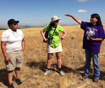 From left, Talia Martin with Shoshone-Bannock Tribes, Melissa Thibault with 100Kin10, and LaRae Bill with the Shoshone-Bannock Tribes discuss the topography of the land and its rivers during the Idaho National Laboratory Site tour. From left, Talia Martin with Shoshone-Bannock Tribes, Melissa Thibault with 100Kin10, and LaRae Bill with the Shoshone-Bannock Tribes discuss the topography of the land and its rivers during the Idaho National Laboratory Site tour.
