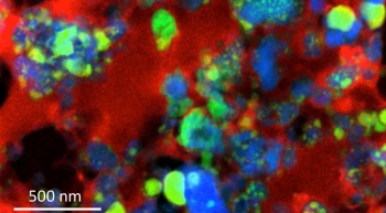 Scientists produced this map of tiny glassy grains (blue with green specks) inside a cometary-type interplanetary dust particle using the FEI TitanX microscope at the Molecular Foundry. Carbonaceous material (red) holds these objects together. Scientists produced this map of tiny glassy grains (blue with green specks) inside a cometary-type interplanetary dust particle using the FEI TitanX microscope at the Molecular Foundry. Carbonaceous material (red) holds these objects together.