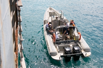 NNSA partnered with NATO to complete its first-ever Maritime Pilot course. Here, the Spectral Advanced Radiological Computing System used during maritime search operations on a Rubberized Hardened Inflatable Boat.
