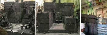A diamond wire saw, left, was used to slice concrete shielding, exposing the center of the Argonne Fast Source Reactor, at center. A gantry crane, at right, is used to lift the resulting concrete blocks.