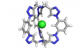 The salt-extraction molecule is composed of six triazole âmotifsâ (computer-generated image). The motifs are five-membered rings composed of nitrogen, carbon and hydrogen. Together, these rings form a 3-D âcageâ perfectly shaped to trap chloride. The salt-extraction molecule is composed of six triazole âmotifsâ (computer-generated image). The motifs are five-membered rings composed of nitrogen, carbon and hydrogen. Together, these rings form a 3-D âcageâ perfectly shaped to trap chloride.