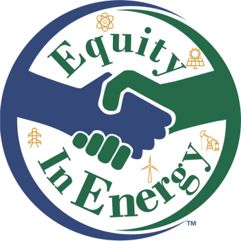 Equity in Energy logo. Two hands shaking with icons representing various energy producing machines i.e. oil pump, solar panels, etc.