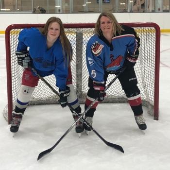 Jill Zubarev and her daughter after hockey practice.