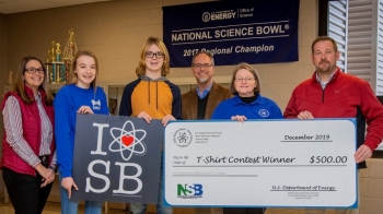 Students from Heath Middle School won the 2020 DOE Science Bowl T-Shirt Design contest. They are picture here receiving a $500 prize for their school.