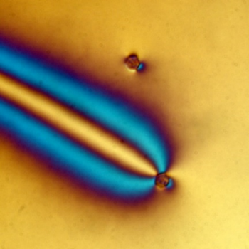 Shining different kinds of light on silica micro particles in a liquid crystal causes molecules around the particles to bend in different ways, providing a new way to assemble and manipulate atom-like systems called âbig atoms.â Shining different kinds of light on silica micro particles in a liquid crystal causes molecules around the particles to bend in different ways, providing a new way to assemble and manipulate atom-like systems called âbig atoms.â