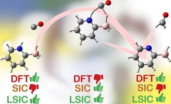 Density functional theory (DFT) creates models of stable molecules (left, right). It needs self-interaction correction (SIC) for stretching and breaking chemical bonds (center), but SIC reduces accuracy on stable molecules. LSIC works for all situations. Density functional theory (DFT) creates models of stable molecules (left, right). It needs self-interaction correction (SIC) for stretching and breaking chemical bonds (center), but SIC reduces accuracy on stable molecules. LSIC works for all situations.