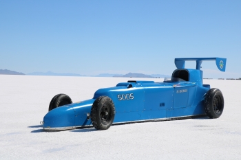 The Wirthsâ fully assembled racecar sits parked at the Bonneville Salt Flats racetrack in Utah, where they compete each year to set land-speed records in their vintage car class.