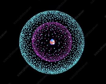 An artistâs impression of a beryllium atom. The nucleus, with its four protons and five neutrons, is surrounded by a cloud of electrons. An artistâs impression of a beryllium atom. The nucleus, with its four protons and five neutrons, is surrounded by a cloud of electrons.