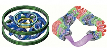 Conventional (left) and optimized (right) stellarators both use complex electromagnetic coils to confine plasmas using three-dimensional magnetic fields in the shape of a torus without relying on induced plasma currents to sustain the plasma. Conventional (left) and optimized (right) stellarators both use complex electromagnetic coils to confine plasmas using three-dimensional magnetic fields in the shape of a torus without relying on induced plasma currents to sustain the plasma.